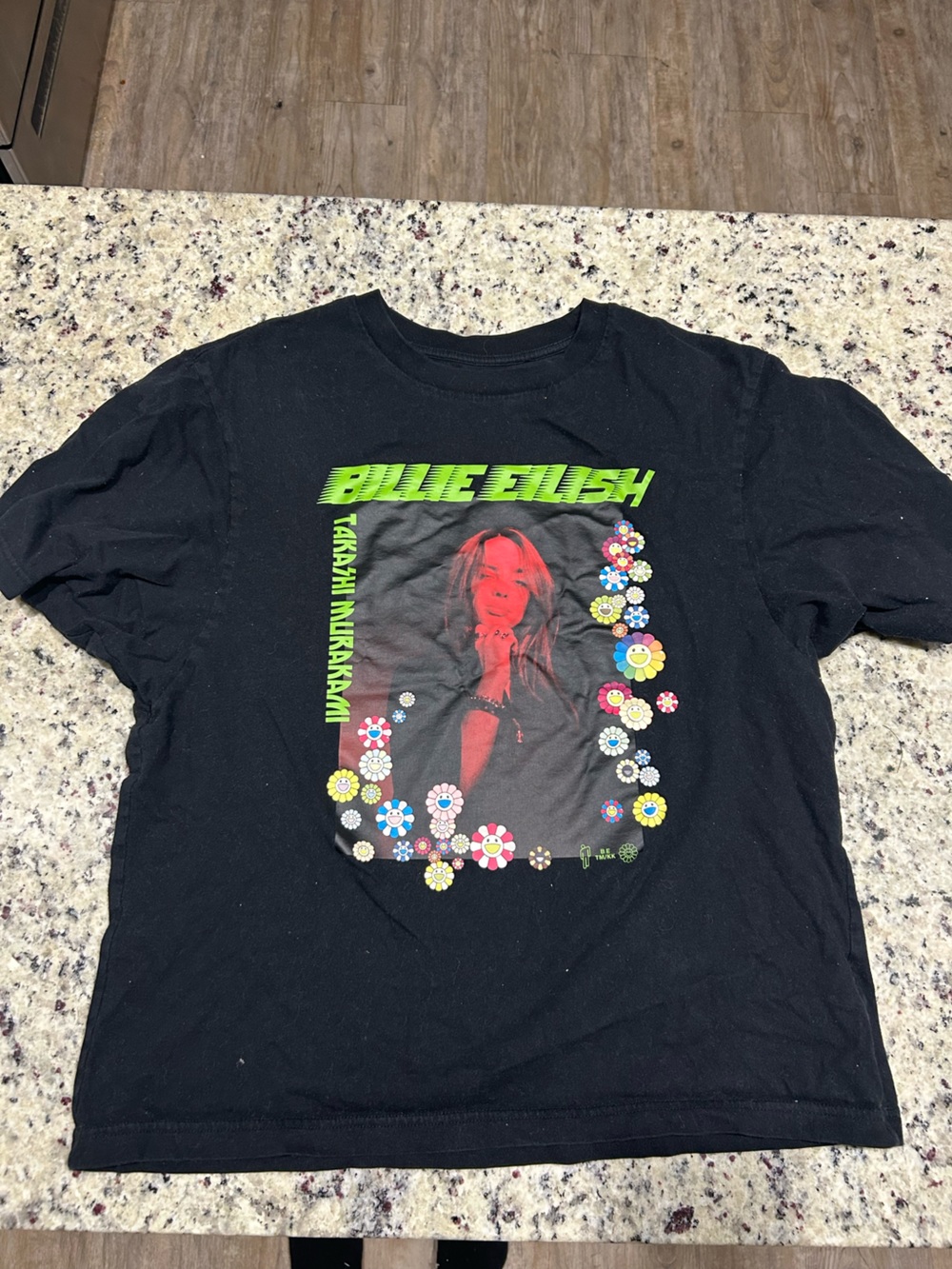 Black Graphic Billie Eilish Tee with Neon Green Text and Multicolor Floral Print